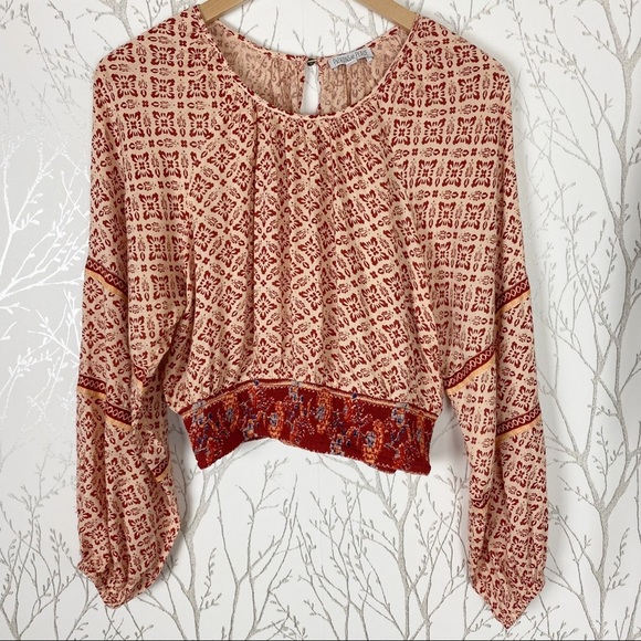 PATRONS OF PEACE Irving Adobe Tile Print Cropped Smocked Top Boho Peasant Medium - Picture 6 of 15